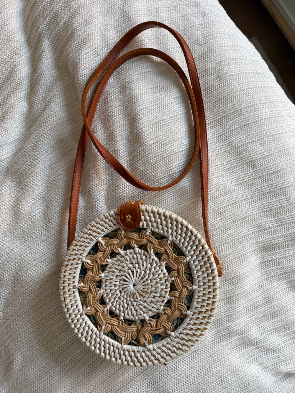 Round Woven Crossbody Bag in Natural and Brown